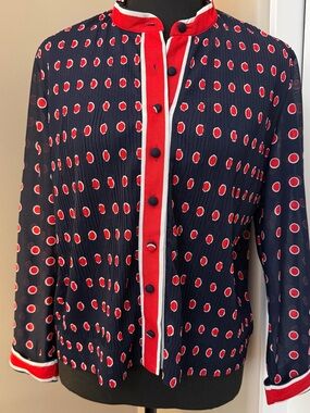 Vintage- Navy Blue Polka Dot Button-Up Blouse with Red Trim